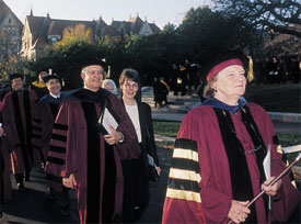 PHOTO:  University Marshal Lorna Puttkammer Straus, SM'60, PhD'62, leads the post-Convocation recession.