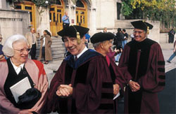 PHOTO:  Waiting for the procession to begin are two presidents emeriti:  Hanna Holborn Gray and Hugo F. Sonnenschein.