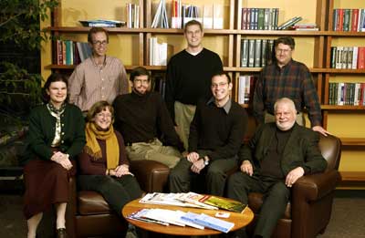 IMAGE: Nina Schmit, AM'97; Arnold; Steven Holloway, AM'83, PhD'92; Todd Ferry, AM'01; Campbell; standing: Gregg Taylor, ABD; Kurt Buhring, AM'98; Lowell Handy, AM'80, PhD'87.