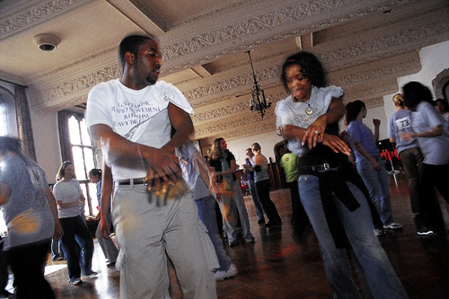 PHOTO:  Third-years Kwabena Holder and Jacqueline Clayton 16 hours into the annual charity dance marathon.