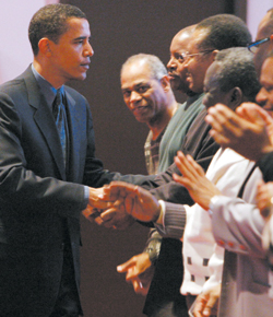 IMAGE: Obama campaigns at an Evanston church.