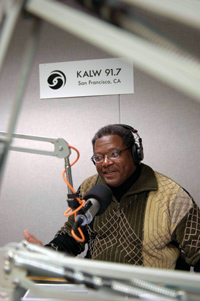 photo:  Taylor dishes out deep thoughts to lunchtime listeners at San Francisco’s KALW 91.7 FM.