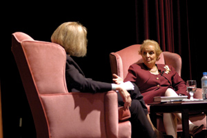 photo:  Controversial topics: Madeliene Albright (right) speaks with Susan Thistlethwaite.