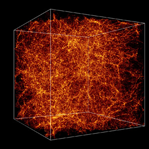 photo:  The universe 2.1 billion years after the big bang; orange specks connote dark matter.