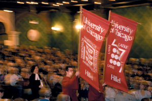 photo: Banner night for carbohydrates: the latke takes on the hamantash in Mandel Hall.