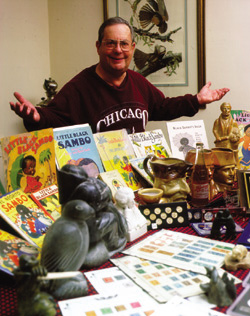 PHOTO:  William Yoffee is a collector among collectors.  Besides Sambo, he has collected stamps, coins, Audubon prints, Inuit Eskimo stone and bone carvings, Doulton character jugs, English salt-glazed stoneware, and anything related to the Pennsylvania Railroad.  Visitors call his house a museum - "in the monstrous sense."