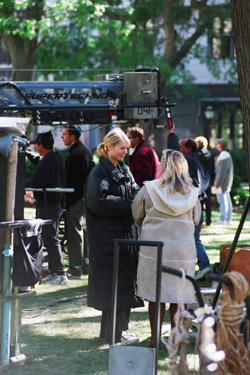 IMAGE:  Gwyneth Paltrow between takes in Harper Quad.