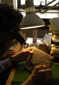 photo: In his cramped OI office, professor Matthew Stolper examines one of the Persepolis tablets. 